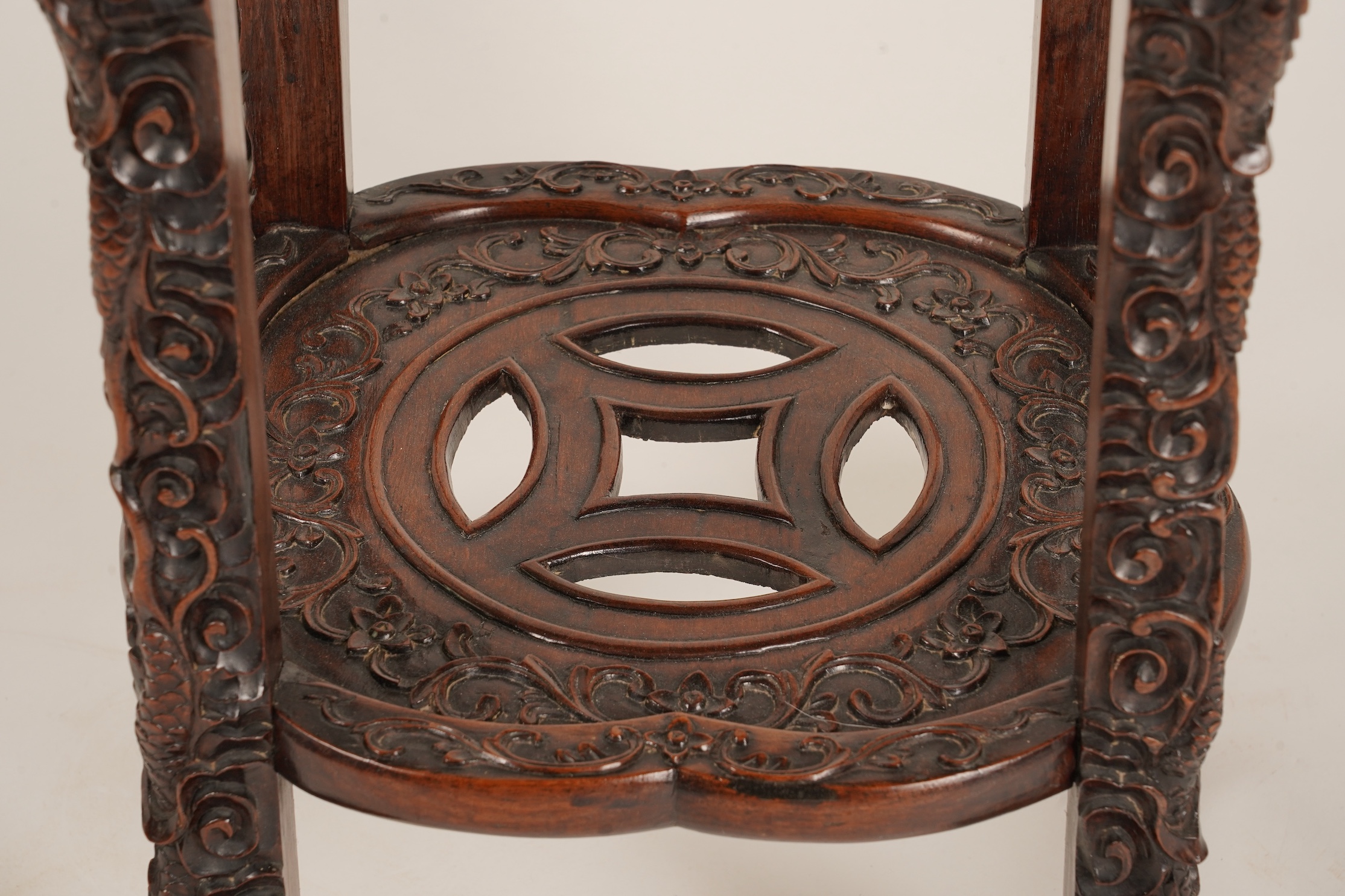 A Chinese hongmu and marble ‘dragon’ jardiniere stand, late 19th century